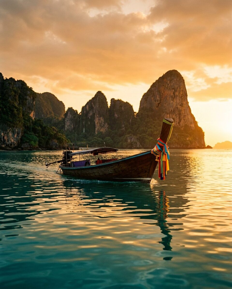 A traditional Thai longtail boat on turquoise water at golden hour, heading toward limestone islands